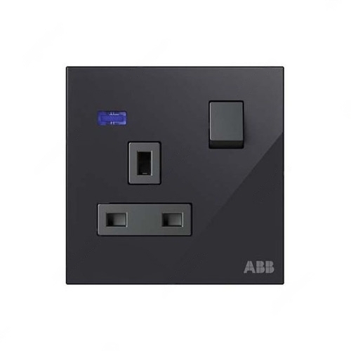 ABB Single Pole Switched Socket With LED, Millenium, 1 Gang, 13A, Black Glass - AM23486-BG