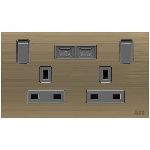 ABB Single Pole Switched Socket With USB Charger, Millenium, 2 Gang, 13A, Antique Gold - AM235147-AG