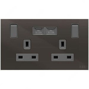 ABB Single Pole Switched Socket With USB Charger, Millenium, 2 Gang, 13A, Black Glass - AM235147-BG