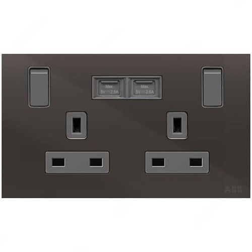 ABB Single Pole Switched Socket With USB Charger, Millenium, 2 Gang, 13A, Black Glass - AM235147-BG