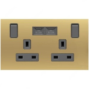 ABB Single Pole Switched Socket With USB Charger, Millenium, 2 Gang, 13A, Matt Gold - AM235147-MG