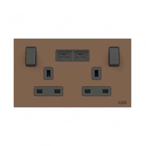 ABB Single Pole Switched Socket With USB Charger, Millenium, 2 Gang, 13A, Mocha Brown - AM235147-MO