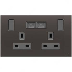 ABB Single Pole Switched Socket With USB Charger, Millenium, 2 Gang, 13A, Silk Black - AM235147-SB