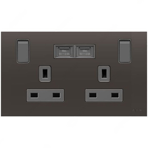 ABB Single Pole Switched Socket With USB Charger, Millenium, 2 Gang, 13A, Silk Black - AM235147-SB