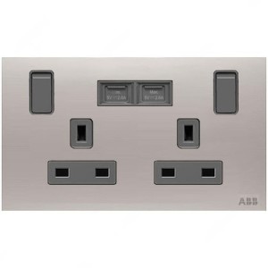 ABB Single Pole Switched Socket With USB Charger, Millenium, 2 Gang, 13A, Stainless Steel - AM235147-ST