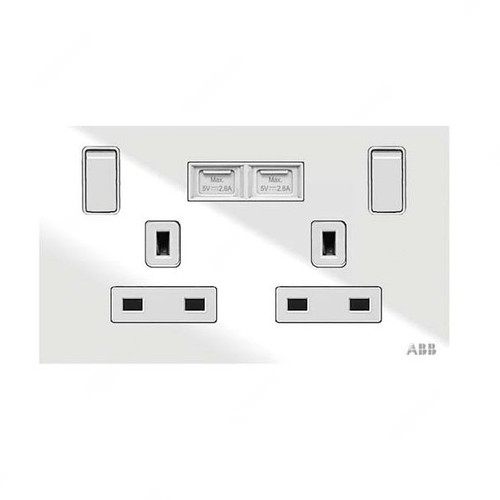 ABB Single Pole Switched Socket With USB Charger, Millenium, 2 Gang, 13A, White Glass - AM235147-WG