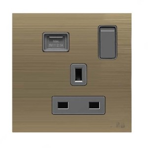 ABB Single Pole Switched Socket With USB Charger, Millenium, 1 Gang, 13A, Antique Gold - AM23586-AG