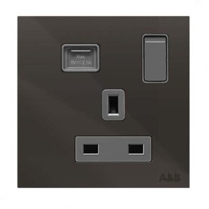 ABB Single Pole Switched Socket With USB Charger, Millenium, 1 Gang, 13A, Black Glass - AM23586-BG