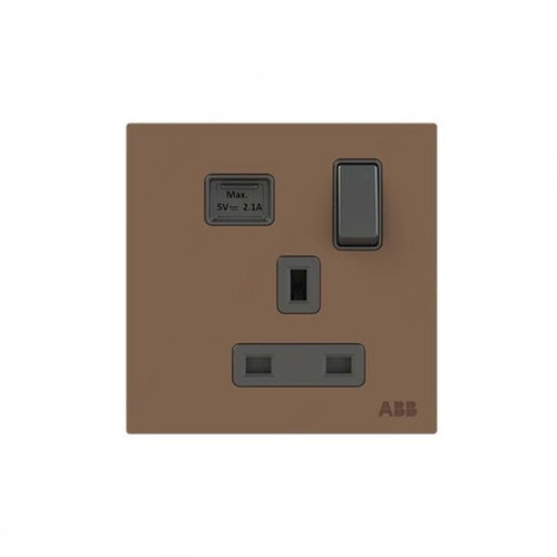 ABB Single Pole Switched Socket With USB Charger, Millenium, 1 Gang, 13A, Mocha Brown - AM23586-MO