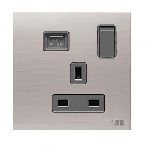 ABB Single Pole Switched Socket With USB Charger, Millenium, 1 Gang, 13A, Stainless Steel - AM23586-ST