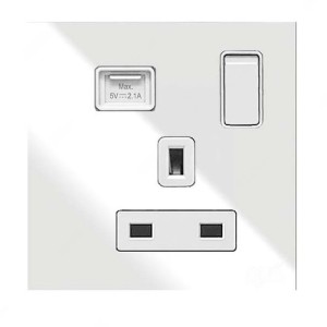 ABB Single Pole Switched Socket With USB Charger, Millenium, 1 Gang, 13A, White Glass - AM23586-WG