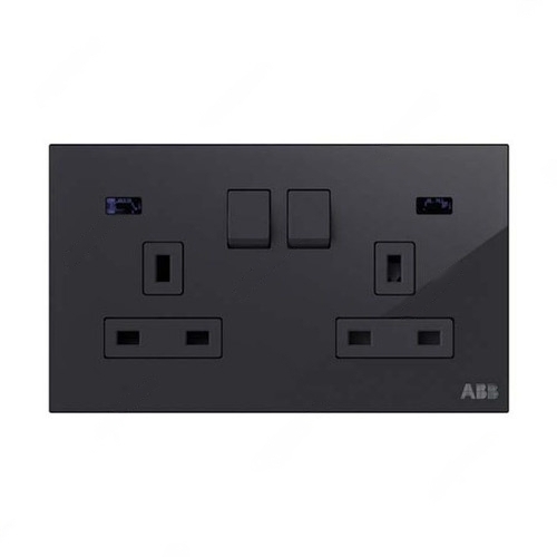 ABB Double Pole Switched Socket With LED, Millenium, 2 Gang, 13A, Black Glass - AM240147-BG