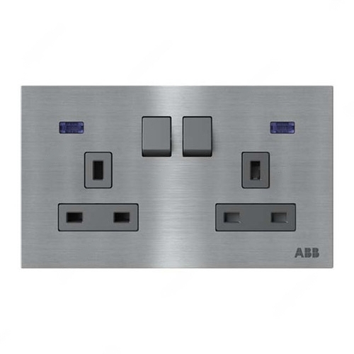 ABB Double Pole Switched Socket With LED, Millenium, 2 Gang, 13A, Stainless Steel - AM240147-ST