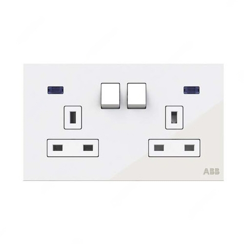 ABB Double Pole Switched Socket With LED, Millenium, 2 Gang, 13A, White Glass - AM240147-WG