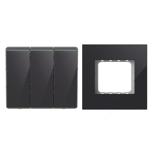 ABB Electrical Switch With Triple Rocker Frame, Millenium, 3 Gang, 2 Way, 10A, Black Glass - AMD10753-BG+AMD5153-BG