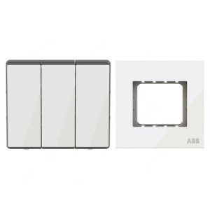 ABB Electrical Switch With Triple Rocker Frame, Millenium, 3 Gang, 2 Way, 10A, White Glass - AMD10753-WG+AMD5153-WG