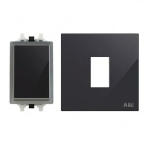 ABB Push Button Switch With Rocker Switch Frame, 1 Gang, 1 Way, 10A, Black Glass - AMD43020-BG+AMD5120-BG