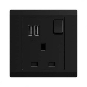 ABB Double Pole Switch Socket With USB, Inora, 1 Gang, 13A, Starry Black - BL261-885