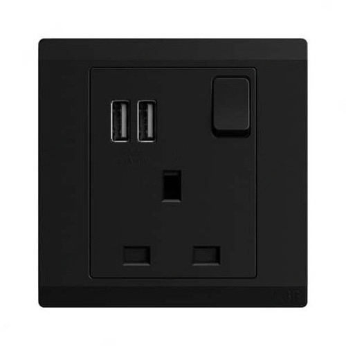 ABB Double Pole Switch Socket With USB, Inora, 1 Gang, 13A, Starry Black - BL261-885