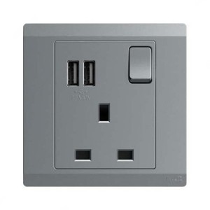 ABB Double Pole Switch Socket With USB, Inora, 1 Gang, 13A, Classic Grey - BL261-G