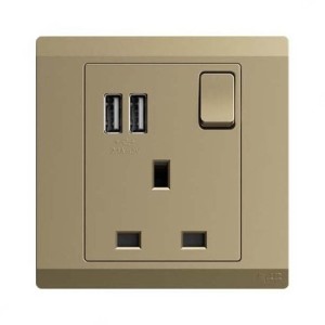 ABB Double Pole Switch Socket With USB, Inora, 1 Gang, 13A, Royal Gold - BL261-PG