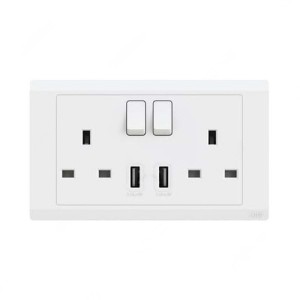 ABB Double Pole Switch Socket With USB, Inora, 2 Gang, 13A, White - BL262