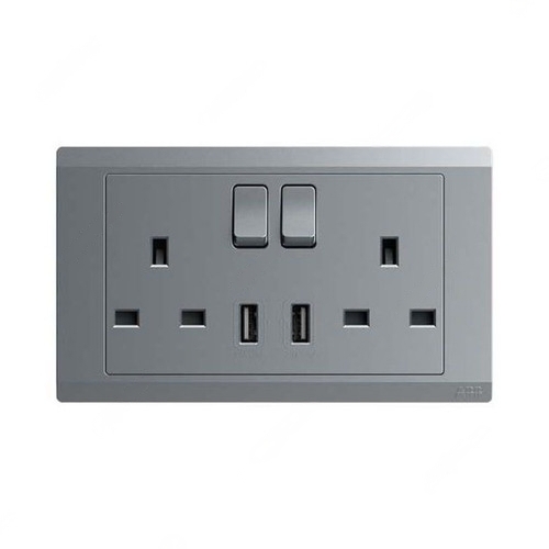 ABB Double Pole Switch Socket With USB, Inora, 2 Gang, 13A, Classic Grey - BL262-G