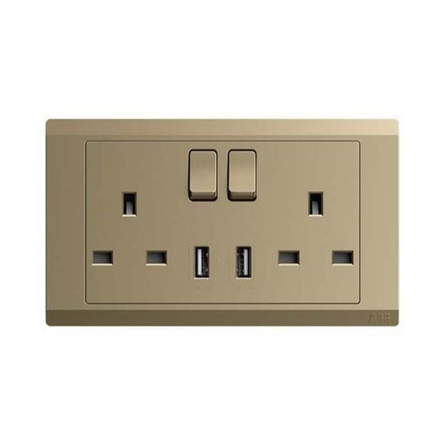 ABB Double Pole Switch Socket With USB, Inora, 2 Gang, 13A, Royal Gold - BL262-PG