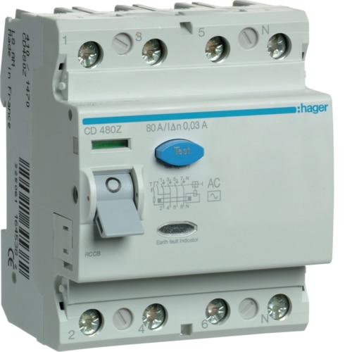 Hager RCCB 4P 80A 30mA AC Class - CD480Z