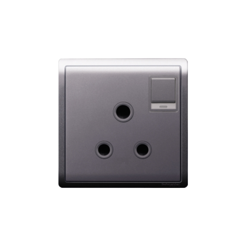 Schneider 15A 250V 1 Gang 3 Round Pin Switched Socket with Neon, Aluminium Silver E8215_15N_AS_G1