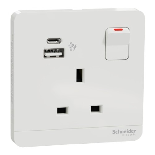 Schneider Switched Socket with USB Charger, AvatarOn, 21W Type A C, 13A, White - E8315DACUSB_WE