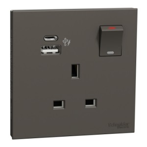 Schneider Switched Socket with USB Charger, AvatarOn, 21W Type A C, 13A, Dark Grey - E8715DACUSB_DG