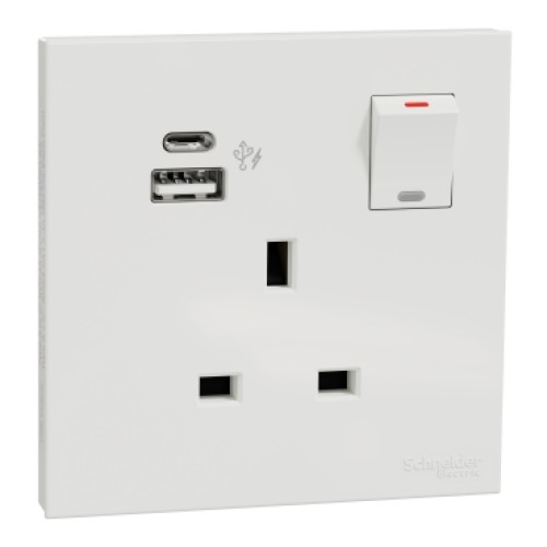 Schneider Switched Socket with USB Charger, AvatarOn, 21W Type A C, 13A, White - E8715DACUSB_WE