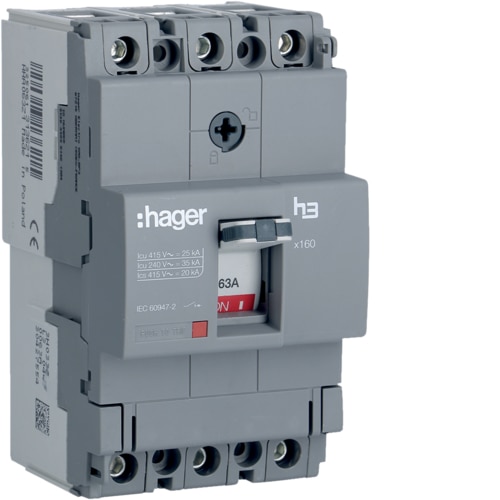 Hager Moulded Case Circuit Breaker H3 X160 TM FIX 3P3D 63A 25kA CTC - HHA063Z