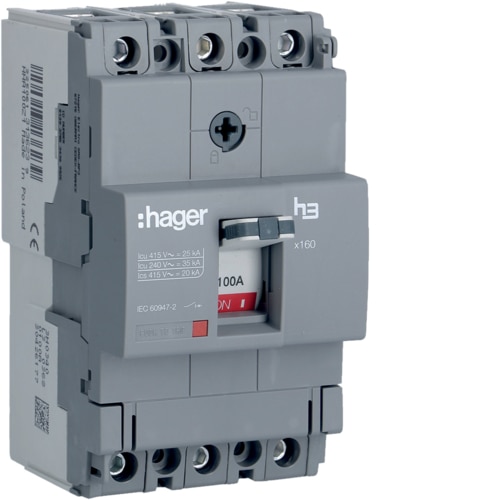 Hager Moulded Case Circuit Breaker H3 X160 TM FIX 3P3D 100A 25kA CTC - HHA100Z