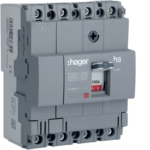 Hager Moulded Case Circuit Breaker h3 x160 TM FIX 4P4D 100A 40kA CTC - HNA101Z