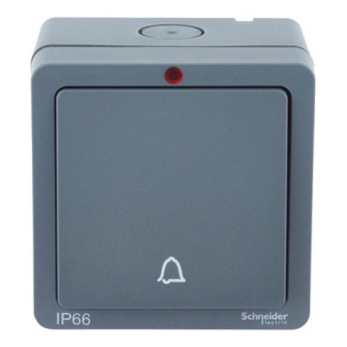 Schneider Lisse Weatherproof Retractive Switch, IP66, 1 Gang, 10A, Bell Symbol, Grey LWP1012RB