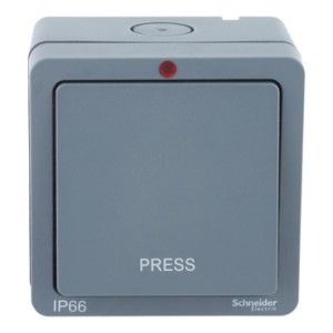 Schneider Lisse Weatherproof Retractive Switch, IP66, 1 Gang, 10A, Press Symbol, Grey LWP1012RP