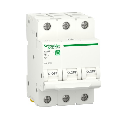 Schneider Miniature circuit breaker (MCB), Resi9, 3P, 6A, C curve, 6000A (IEC/EN 60898-1) R9F12306