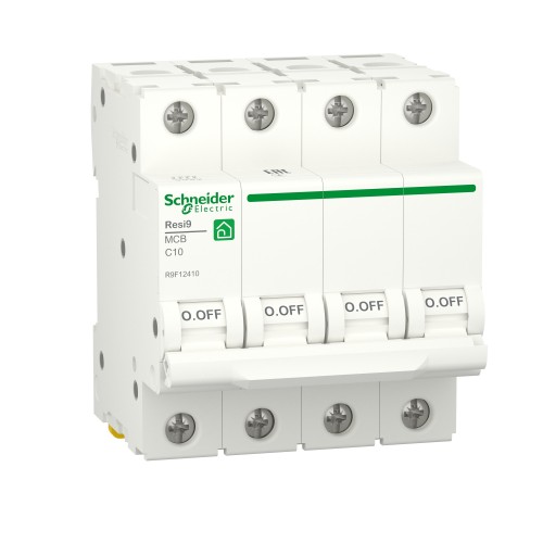 Schneider Miniature circuit breaker (MCB), Resi9, 4P, 10A, C curve, 6000A (IEC/EN 60898-1) R9F12410