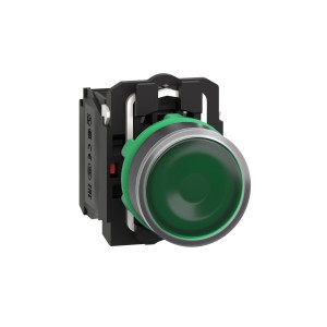 Schneider Illuminated push button, plastic, flush, green, Ø22, spring return, 24 V AC/DC, 1 NO   1 NC XB5AW33B5